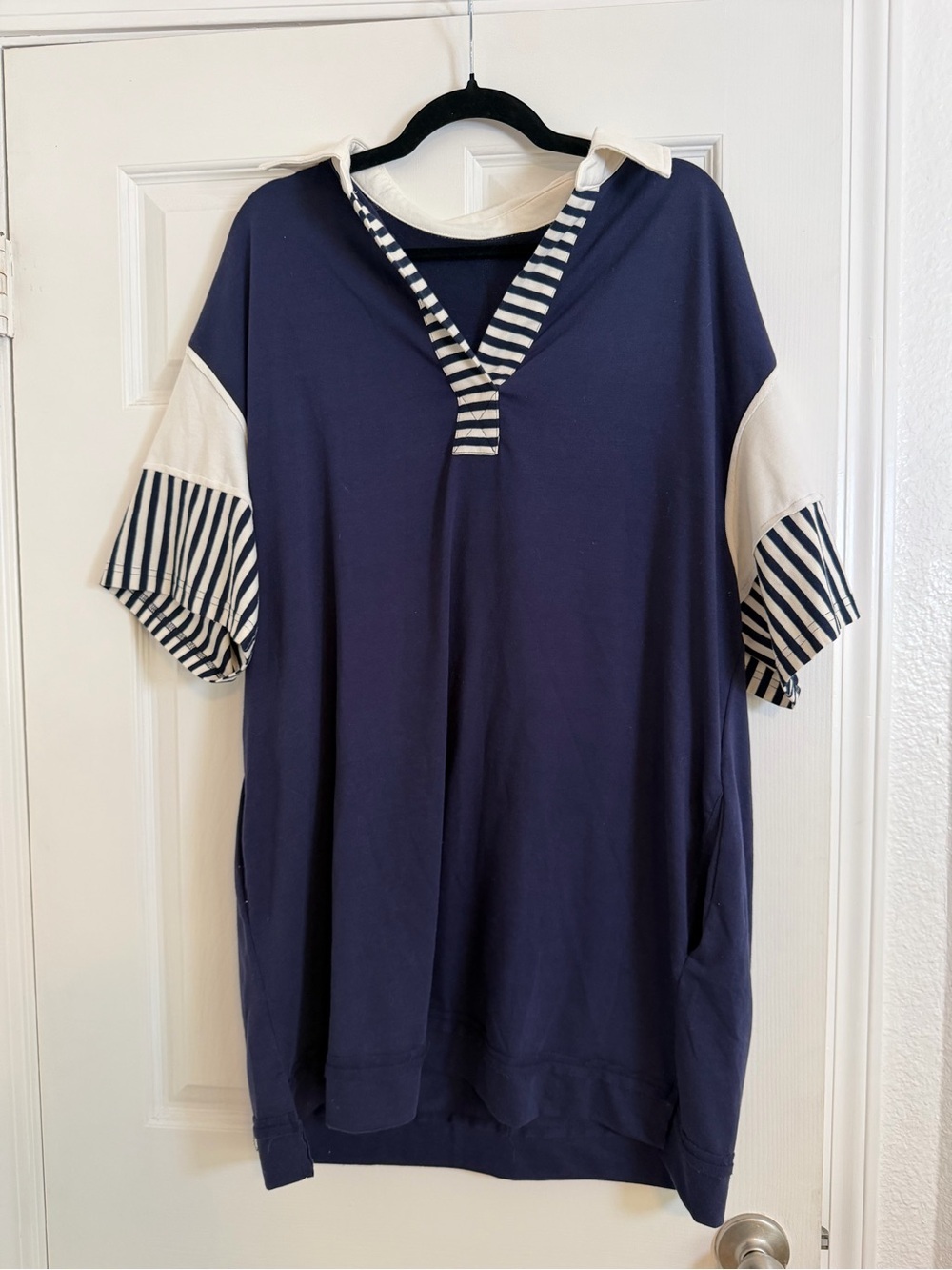 Boutique Navy Nautical Collared Sweatshirt Dress XL Oversized Pockets Casual - Picture 2 of 7